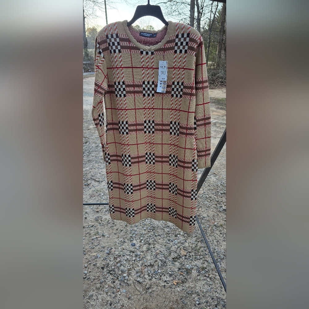 Burberry Beige and Black Long Sleeve Dress